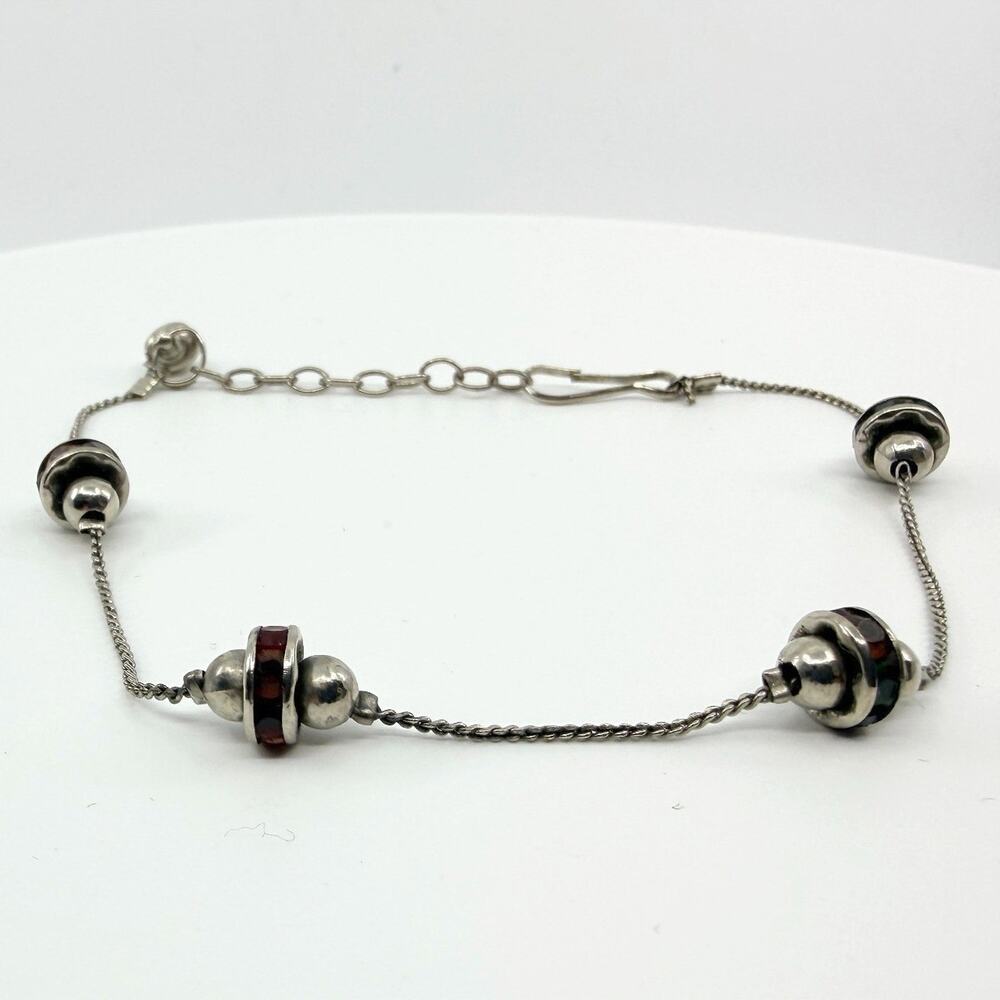 Vintage Silver Tone Delicate Link Chain Bracelet Enamel Accent Beads Retro Boho